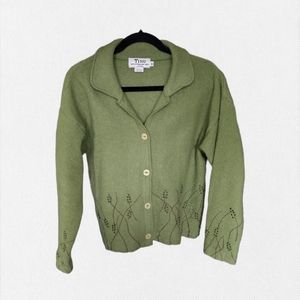 Tinu Art Inspired Hand-Knits 100% Wool Green Embroidered Cardigan
